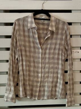 James Perse Womens Checked Button-Up Shirt in Beige and White